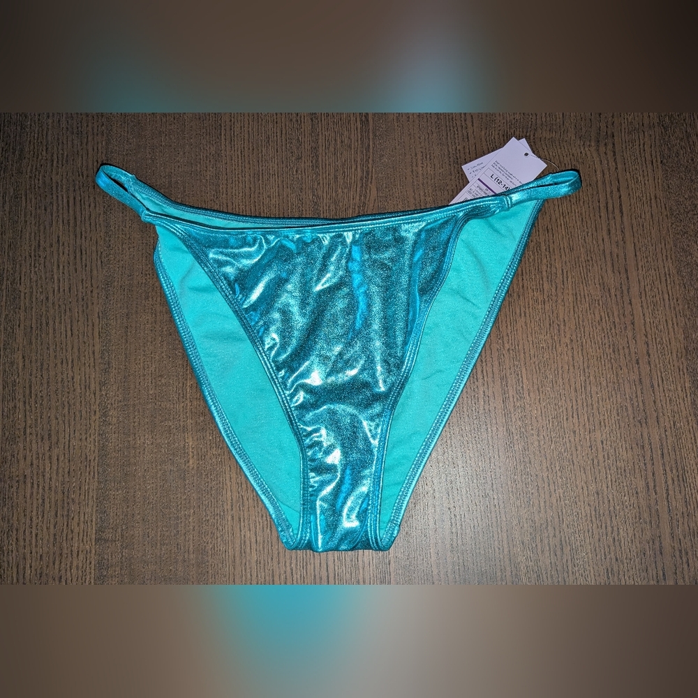 NWT Wild Fable Teal Metallic Foil Bikini Bottom High Leg Waist Medium Coverage L